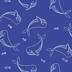 Navy blue whale illustration - tossed - with fish 