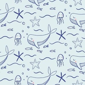 Blue under sea whales with jellyfish, starfish in navy and pastel blue
