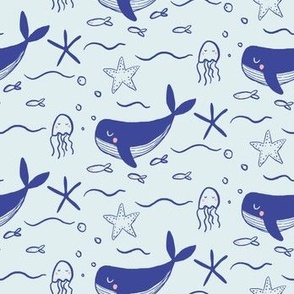 Blue under sea whales with jellyfish, starfish in navy and pastel blue