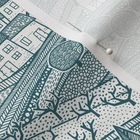back to the village modern toile - dark teal blue (small scale)