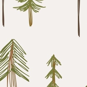 529 - Large scale whimsical sketchy pine tree forest in olive greens and warm browns on soft white - for nursery wallpaper, duvet covers, curtains and soft furnishings.