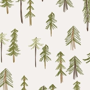 529 - Medium scale whimsical sketchy pine tree forest in olive greens and warm browns on soft white - for kids wallpaper, duvet covers, curtains and soft furnishings.