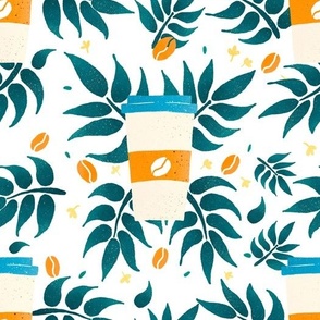coffee cups and tropical leaves - teal and orange on white background