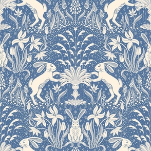 rabbits at the fountain / blue and cream - large scale
