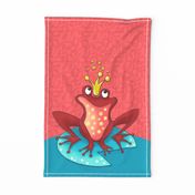 Friendly frog prince on red tea towel