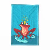 Friendly frog prince on aquamarine blue tea towel