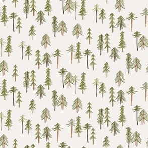 529 - Small scale whimsical sketchy pine tree forest in olive greens and warm browns on soft white - for nursery wallpaper and cot linen, kids apparel, baby rompers and tops.