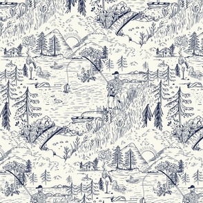 LARGE: A Toile de Jouy Rustic Fishing Angler's Retreat in blue and off white