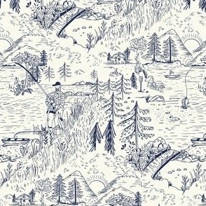 SMALL: A Toile de Jouy Rustic Fishing Angler's Retreat in blue and off white