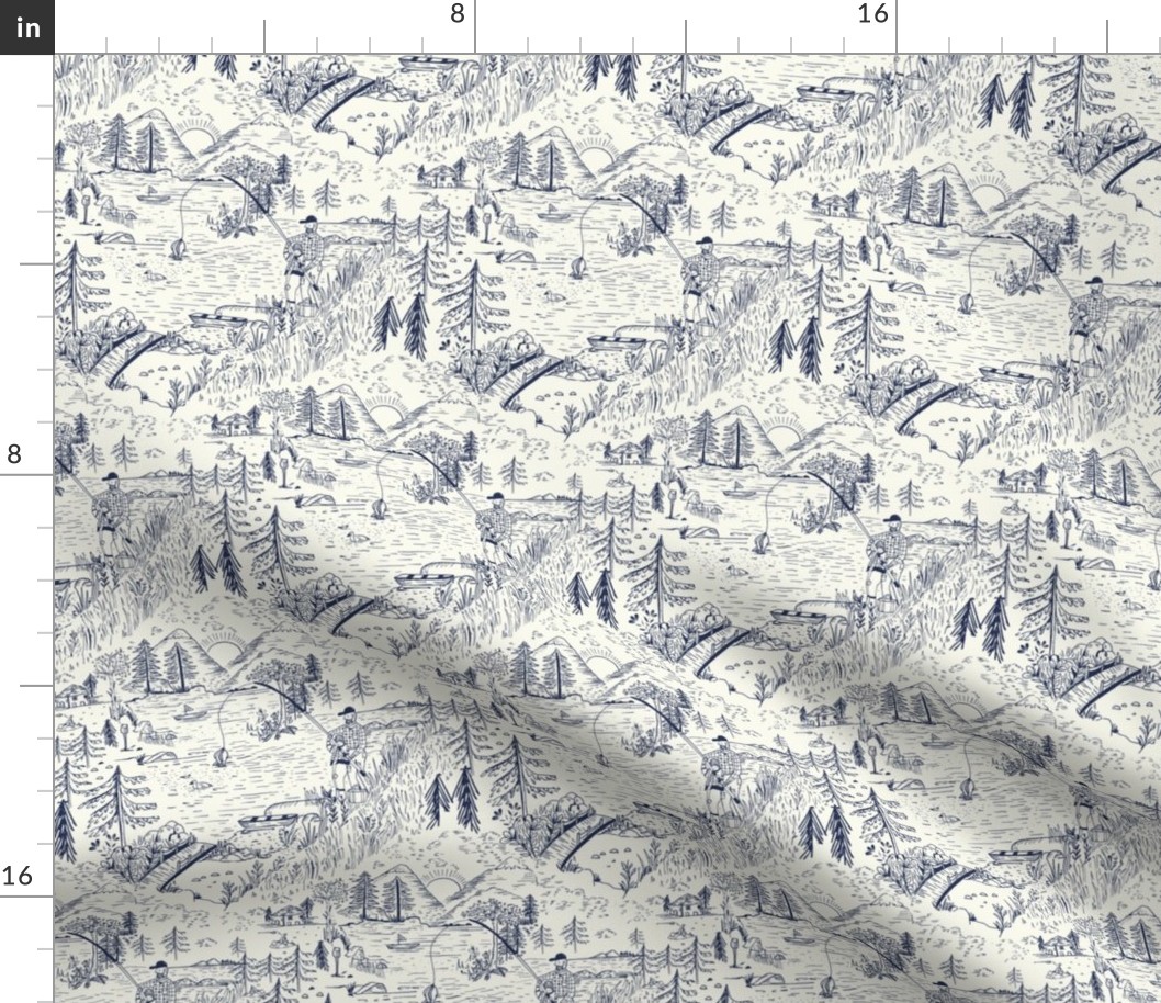 MEDIUM: A Toile de Jouy Rustic Fishing Angler's Retreat in blue and off white