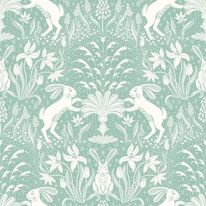 rabbits at the fountain / light sage green and cream white- large scale