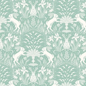 rabbits at the fountain / light sage green and cream white- medium scale