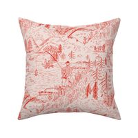 LARGE: A Toile de Jouy Rustic Fishing Angler's Retreat in blush red and off white