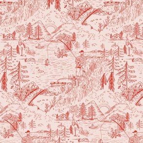 LARGE: A Toile de Jouy Rustic Fishing Angler's Retreat in blush red and off white