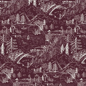 LARGE: A Toile de Jouy Rustic Fishing Angler's Retreat in white and deep maroon