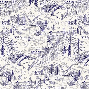 LARGE: A Toile de Jouy Rustic Fishing Angler's Retreat in denim blue and off white