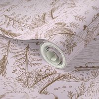 LARGE: A Toile de Jouy Rustic Fishing Angler's Retreat in brown and pink