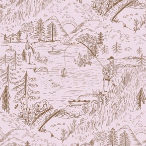 LARGE: A Toile de Jouy Rustic Fishing Angler's Retreat in brown and pink