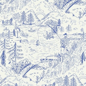 LARGE: A Toile de Jouy Rustic Fishing Angler's Retreat in sky blue and off white