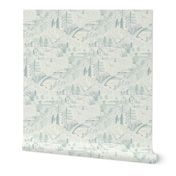 LARGE: A Toile de Jouy Rustic Fishing Angler's Retreat in bluish green and off white