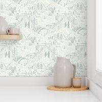 LARGE: A Toile de Jouy Rustic Fishing Angler's Retreat in bluish green and off white