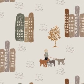 Urban Stroll: Manhattan Skyline with Dog Walker, cream