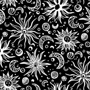 small - Celestial - sun_ moon_ stars and planets - hand drawn pure white on pure black