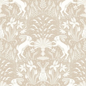 rabbits at the fountain / light natural tan and cream white- large scale