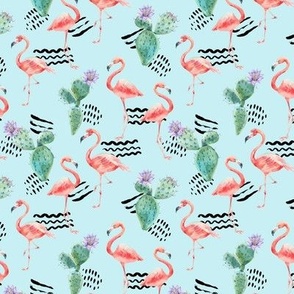 Pink Flamingo and Tropical Cactus on blue