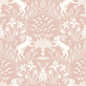 rabbits at the fountain / soft blush pink and cream white- large scale