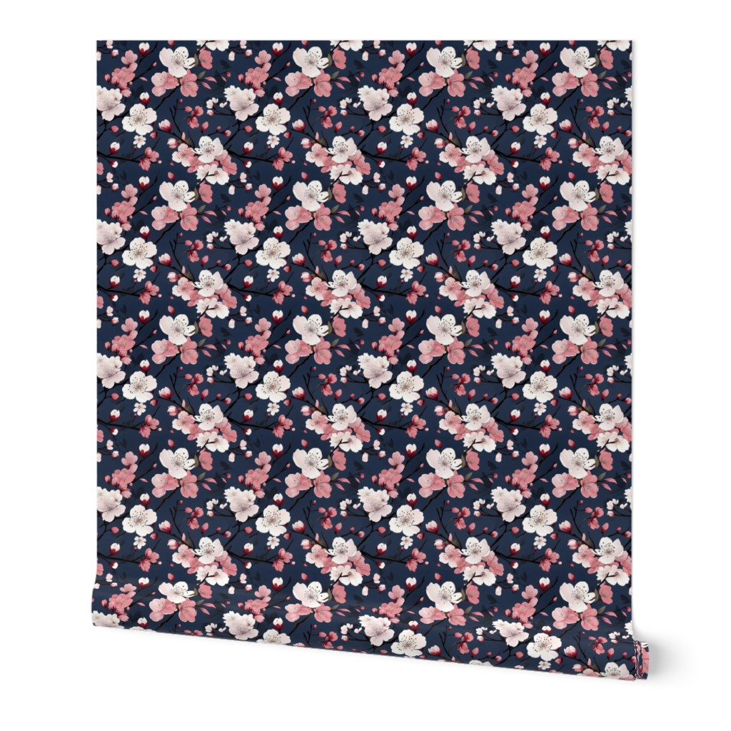 Smaller Cherry Blossoms White and Mauve Pink on Navy