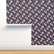 Smaller Cherry Blossoms White and Mauve Pink on Navy