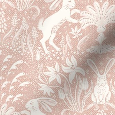 rabbits at the fountain / soft blush pink and cream white- medium scale