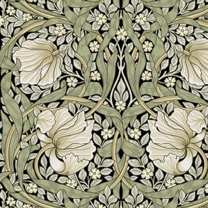 Costumer Request Pimpernel - LARGE 21"  - historic reconstructed damask wallpaper by William Morris -   autumnal sage green and cream on black antiqued restored  reconstruction art nouveau art deco