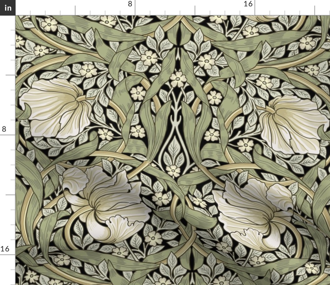 Costumer Request Pimpernel - LARGE 21"  - historic reconstructed damask wallpaper by William Morris -   autumnal sage green and cream on black antiqued restored  reconstruction art nouveau art deco