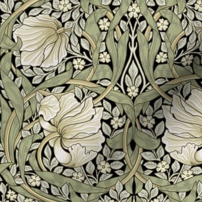 Costumer Request Pimpernel - SMALL "  - historic reconstructed damask wallpaper by William Morris -   autumnal sage green and cream on black antiqued restored  reconstruction art nouveau art deco