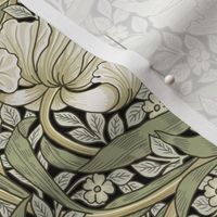 Costumer Request Pimpernel - SMALL "  - historic reconstructed damask wallpaper by William Morris -   autumnal sage green and cream on black antiqued restored  reconstruction art nouveau art deco