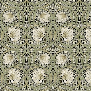 Costumer Request Pimpernel - SMALL "  - historic reconstructed damask wallpaper by William Morris -   autumnal sage green and cream on black antiqued restored  reconstruction art nouveau art deco