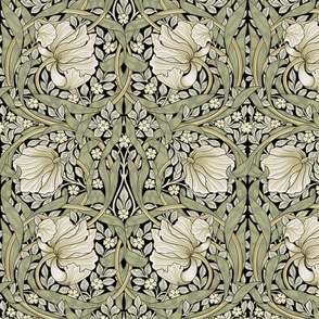 Costumer Request Pimpernel - MEDIUM 12"  - historic reconstructed damask wallpaper by William Morris -   autumnal sage green and cream on black antiqued restored  reconstruction art nouveau art deco