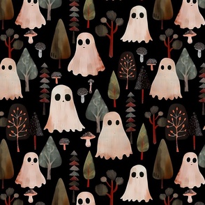 Large- Vintage Gothic: bizarre cute ghosts And whimsical trees and mushroom Dance in Dark Forest –  A Halloween Tale of Death, Creepy Evil, Mystery, Retro Mystic, Undead Zombie Occult Magic - black sepia