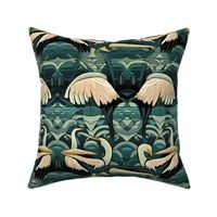 art deco pelicans in green and gold