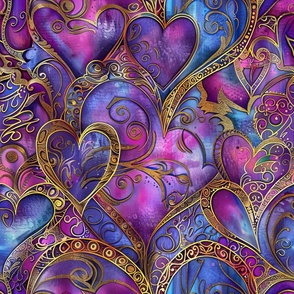 Iridescent Gold and Purple Fantasy Swirling Hearts