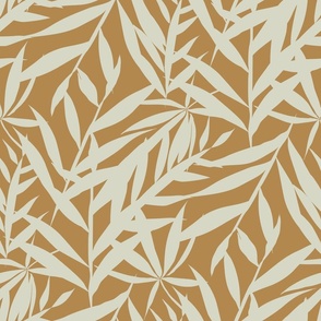 Large Warm Minimalism Hand-Drawn Bamboo Leaves  in Comforting Mustard Brown  and Light Sage Textured Large Scale Zen Japandi Style 