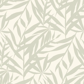 Warm Minimalism Hand-Drawn Bamboo Leaves  in Soothing Light Sage  and Warm Cream Textured Large Scale Zen Japandi Style