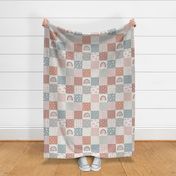 Dusty Pink Boho Cheater Quilt with rainbow patchwork nursery decor muted blue moon boho 