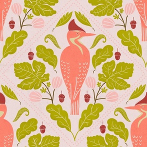 Forest Woodpecker In Peach, Pink And Green - Oversized