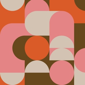 (L) Bauhaus Pier - Abstract Retro 60s 70s Geometric Circles and Squares - Pink Orange Brown and Cream