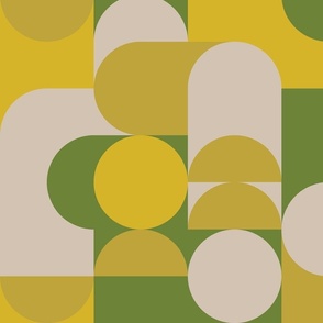 (L) Bauhaus Pier - Abstract Retro 60s 70s Geometric Circles and Squares - Green Yellow and Cream