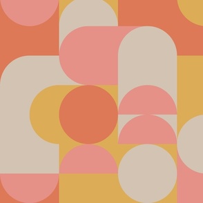 (L) Bauhaus Pier - Abstract Retro 60s 70s Geometric Circles and Squares - Pink Orange Yellow and Cream
