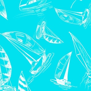 Sailboat Sketches on Troical Blue Background, Medium Scale Design